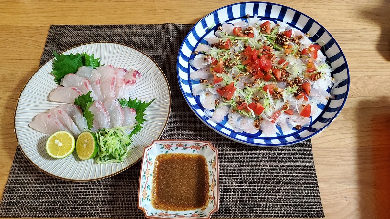 真鯛のお刺身にヒラメのカルパッチョ おいしくいただきました 釣りしタイラバ